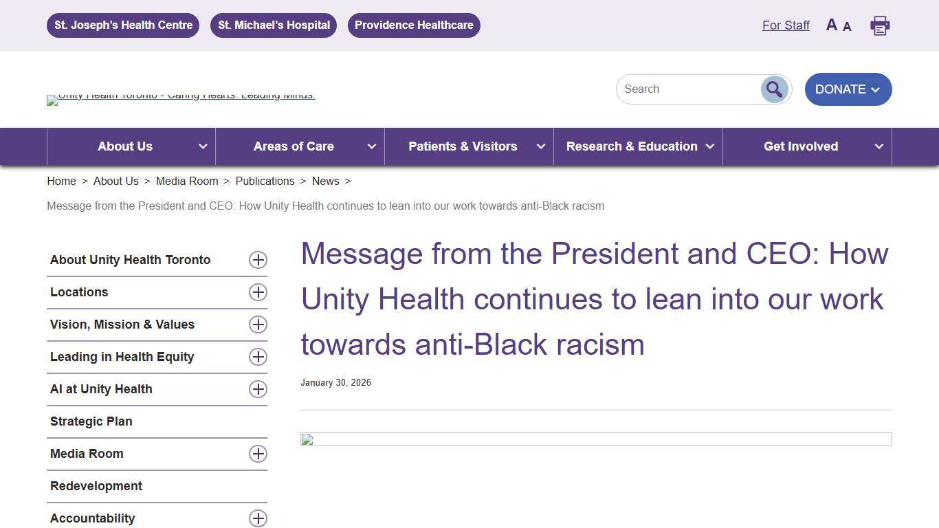 Message from the President and CEO: How Unity Health continues to lean into our work towards anti-Black racism - Unity Health Toronto